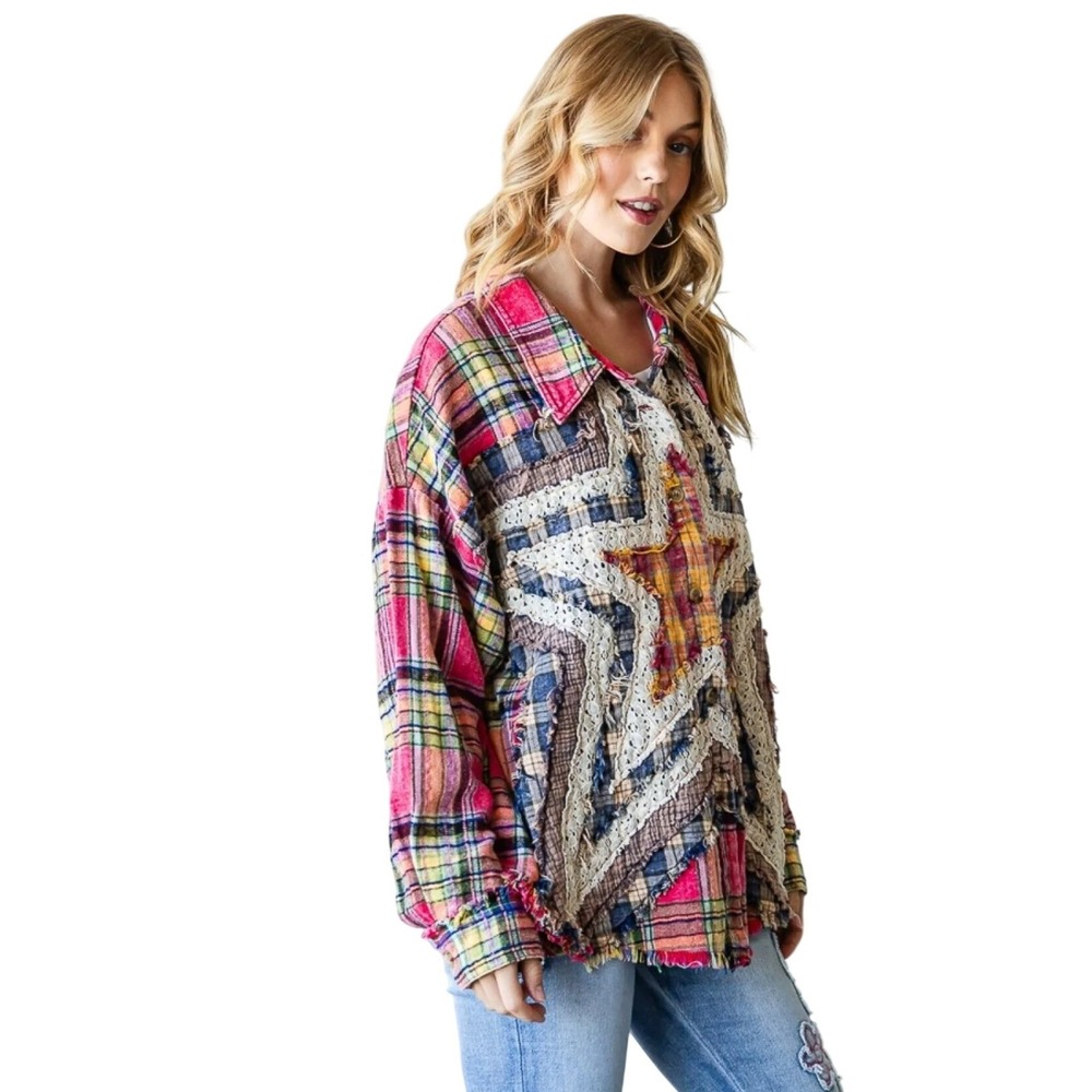 Oli & Hali Plaid Patchwork Flannel Shirt S Multicolor Lace Star MT2030-P
